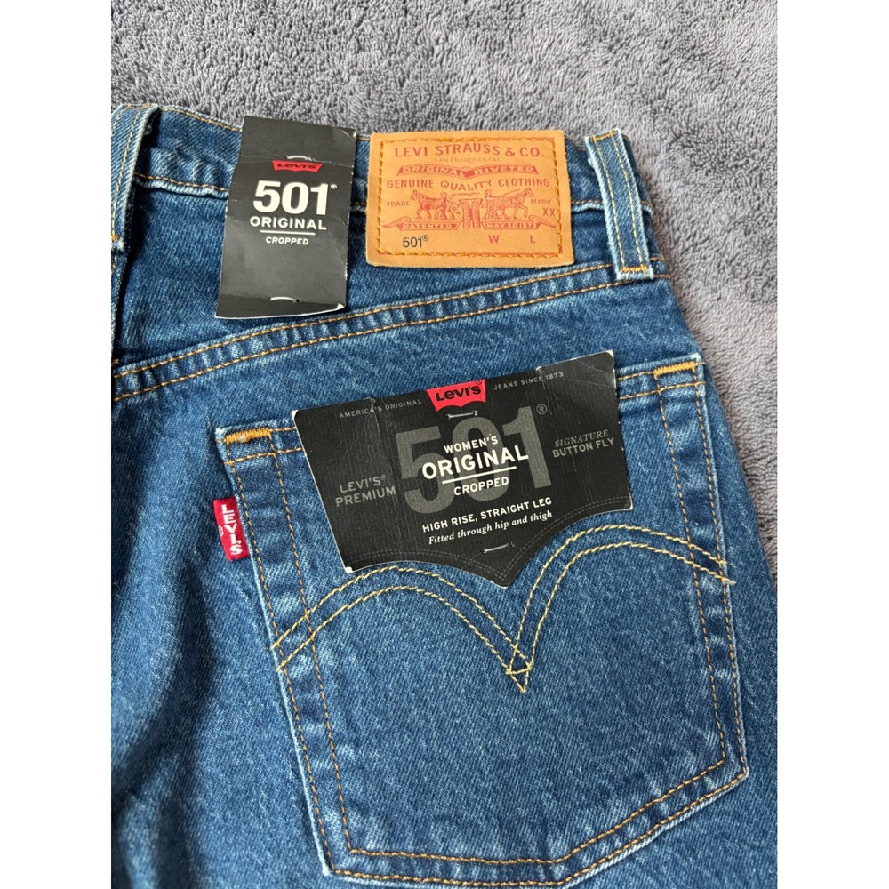 Levis Premium 501 Original Cropped Jeans High Rise Button Fly 26 Blue Distressed